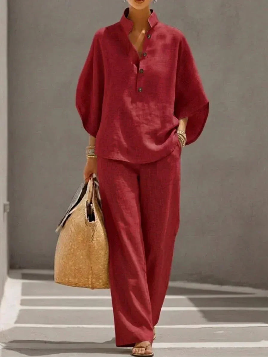 MARIBEL | CONJUNTO DE LINO CON MANGAS MURCIÉLAGO Y PANTALÓN DE PIERNA ANCHA