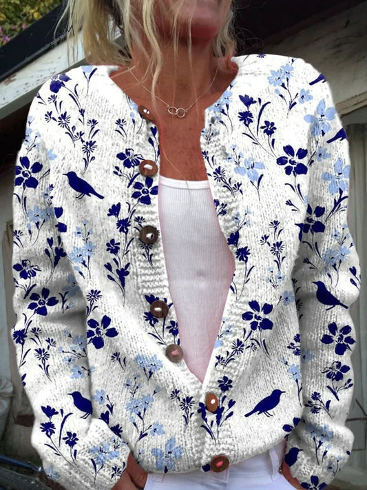 MERCEDES | CÁRDIGAN ABOTONADO CON ESTAMPADO FLORAL Y DE PÁJAROS VINTAGE