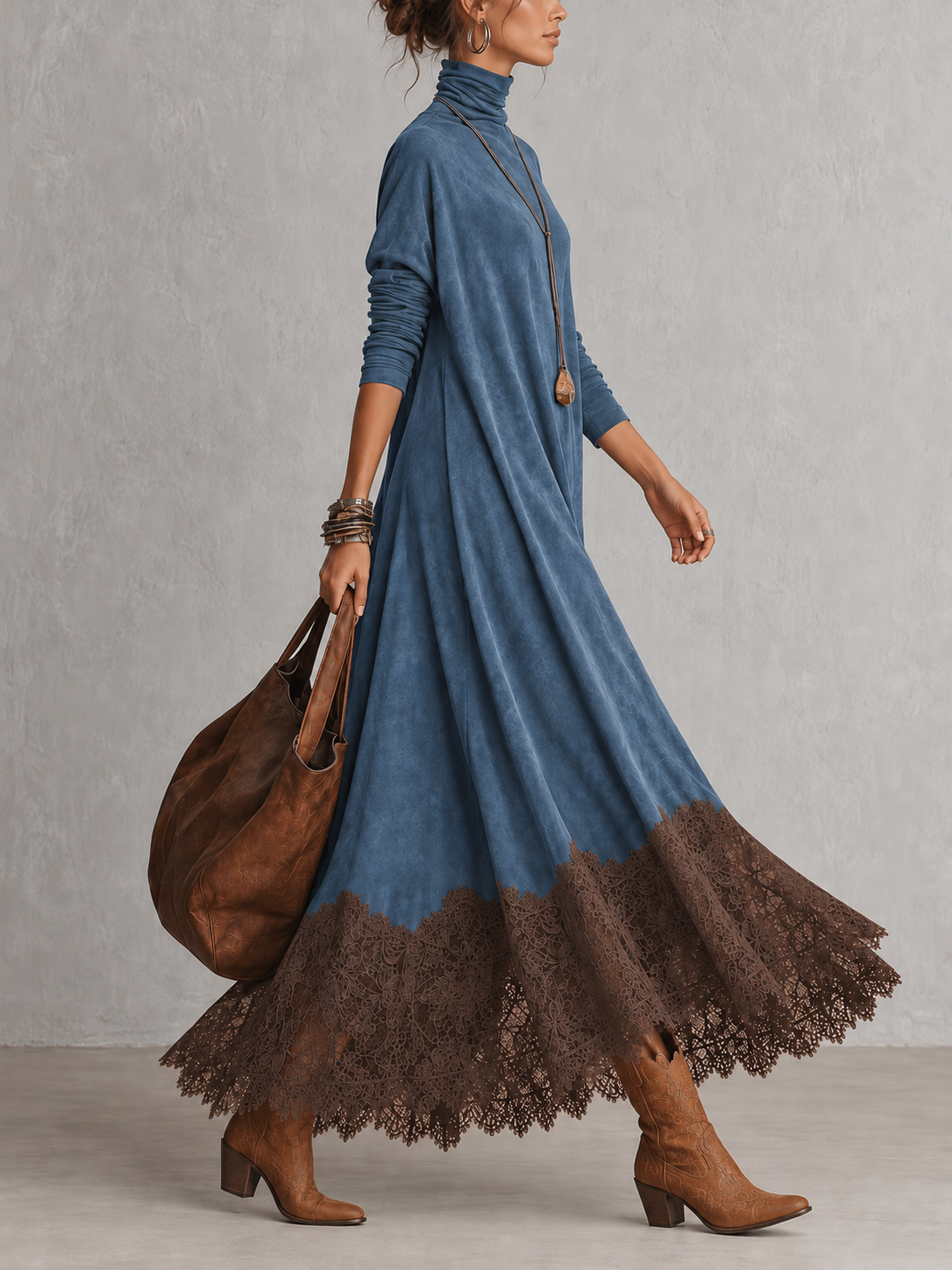 Vestido largo efecto ante azul con encaje marrón, vista lateral
