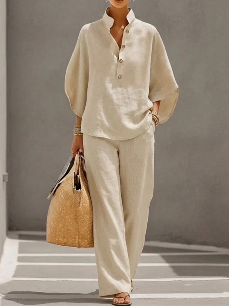 MARIBEL | CONJUNTO DE LINO CON MANGAS MURCIÉLAGO Y PANTALÓN DE PIERNA ANCHA