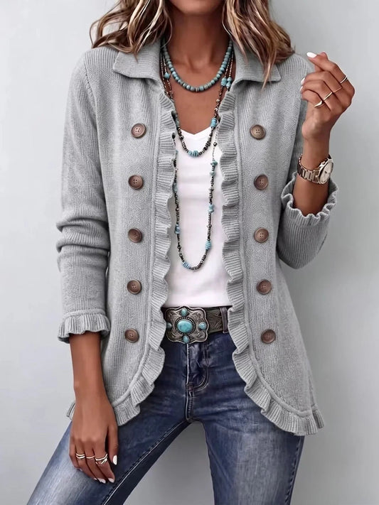 AMAIA | CHAQUETA DE PUNTO ACANALADO GRIS CON VOLANTES