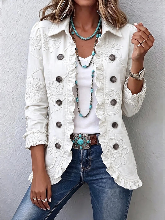 LAIA | CHAQUETA BOHO-CHIC COLOR MARFIL CON BORDADO FLORAL Y RIBETE FRUNCIDO
