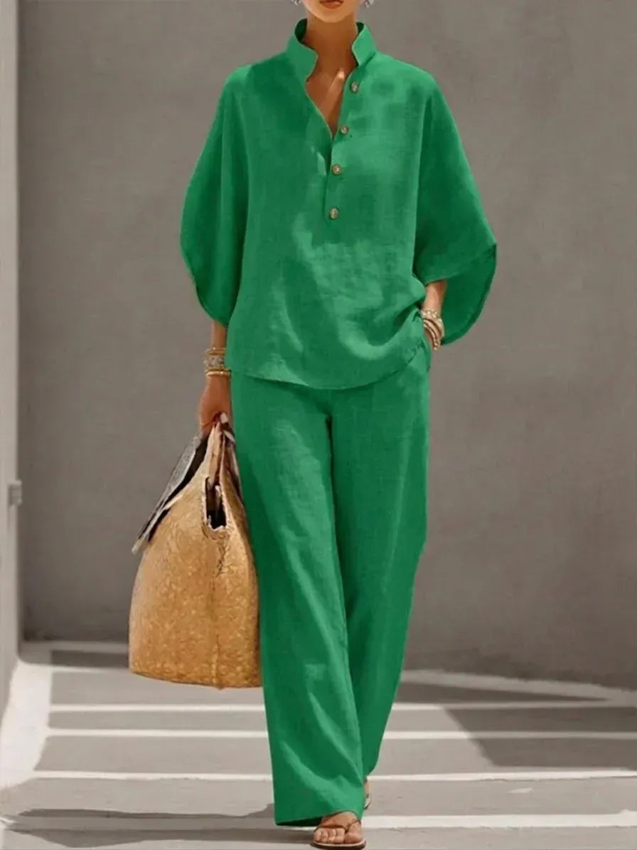 MARIBEL | CONJUNTO DE LINO CON MANGAS MURCIÉLAGO Y PANTALÓN DE PIERNA ANCHA