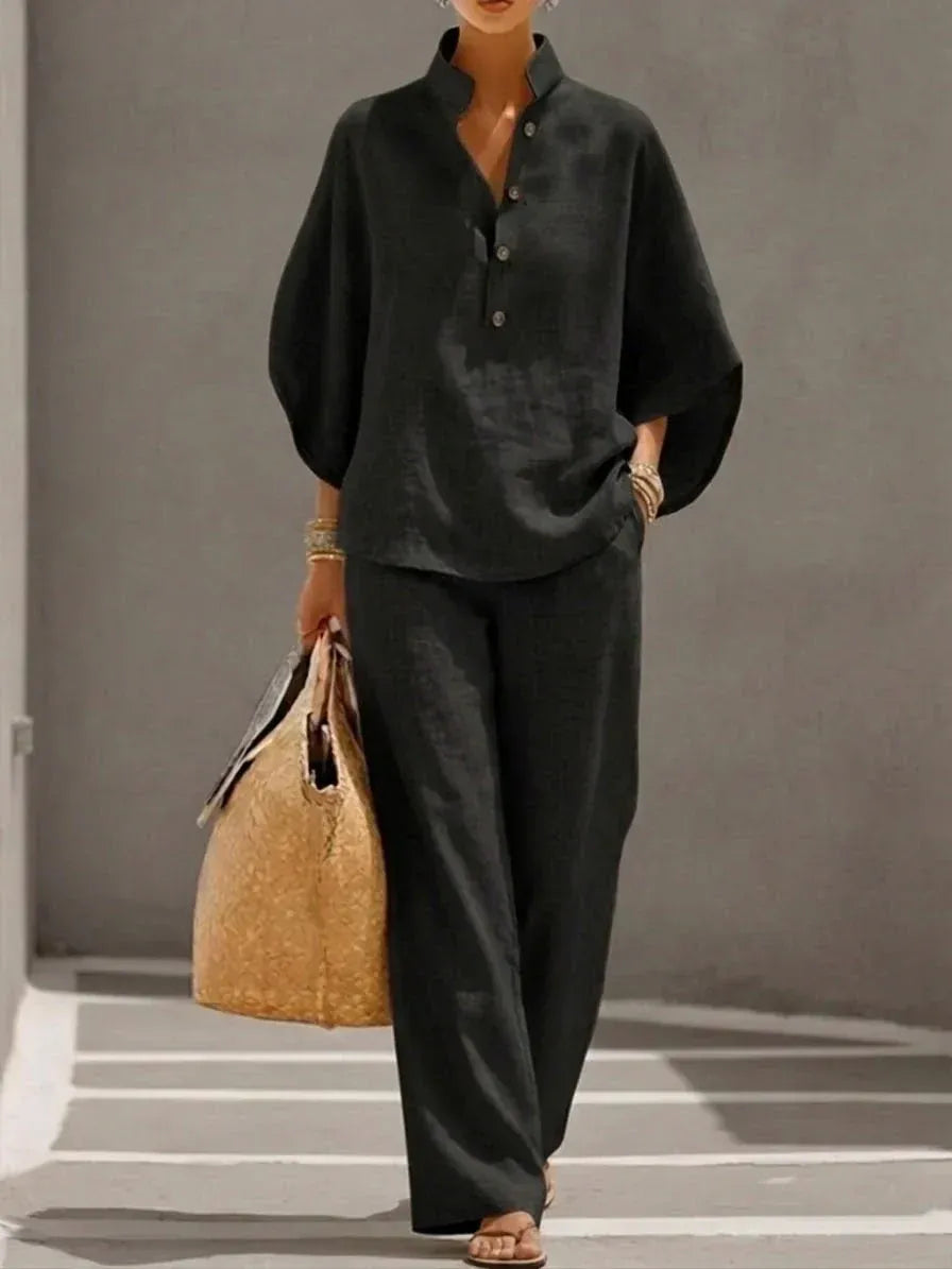MARIBEL | CONJUNTO DE LINO CON MANGAS MURCIÉLAGO Y PANTALÓN DE PIERNA ANCHA