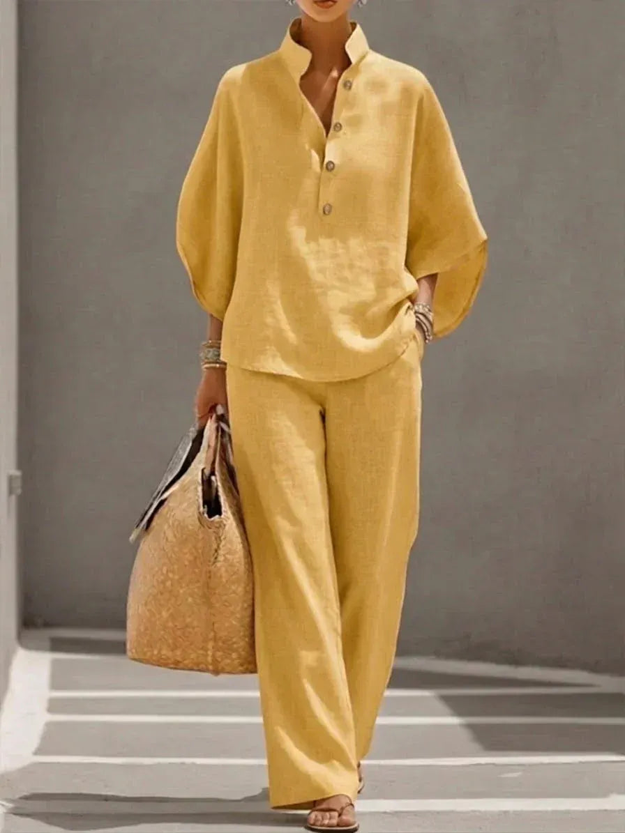 MARIBEL | CONJUNTO DE LINO CON MANGAS MURCIÉLAGO Y PANTALÓN DE PIERNA ANCHA