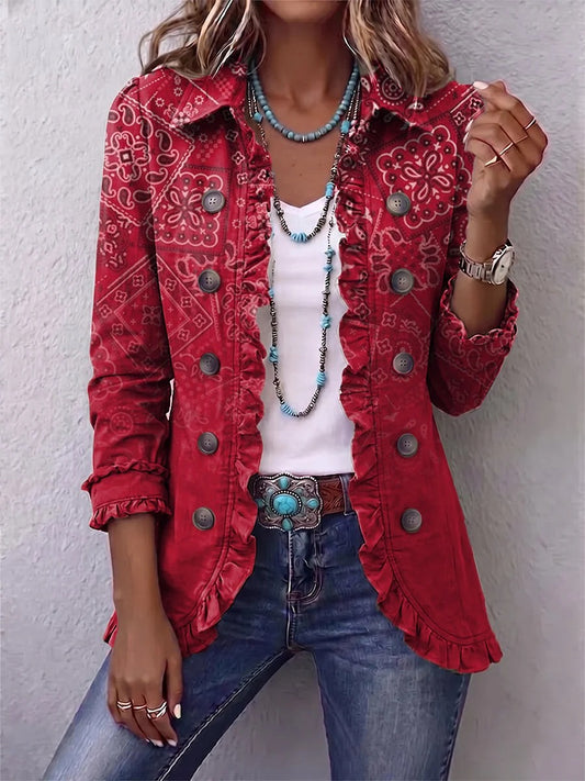 GAIA | CHAQUETA BOHEMIA CON ESTAMPADO PAISLEY DEGRADADO Y VOLANTES