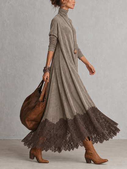 Vestido largo efecto ante topo con encaje marrón, vista lateral